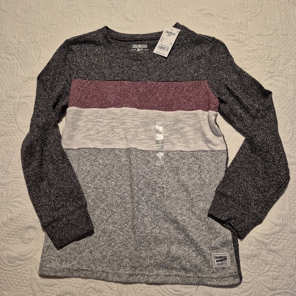 Oshkosh B'Gosh boys size 12 color block long sleeve shirt, gray, oatmeal, maroon